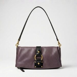 SUNDANCE Grey Leather Fold-Over Zip Shoulder Bag, Boho Brass Ring Studded Clutch